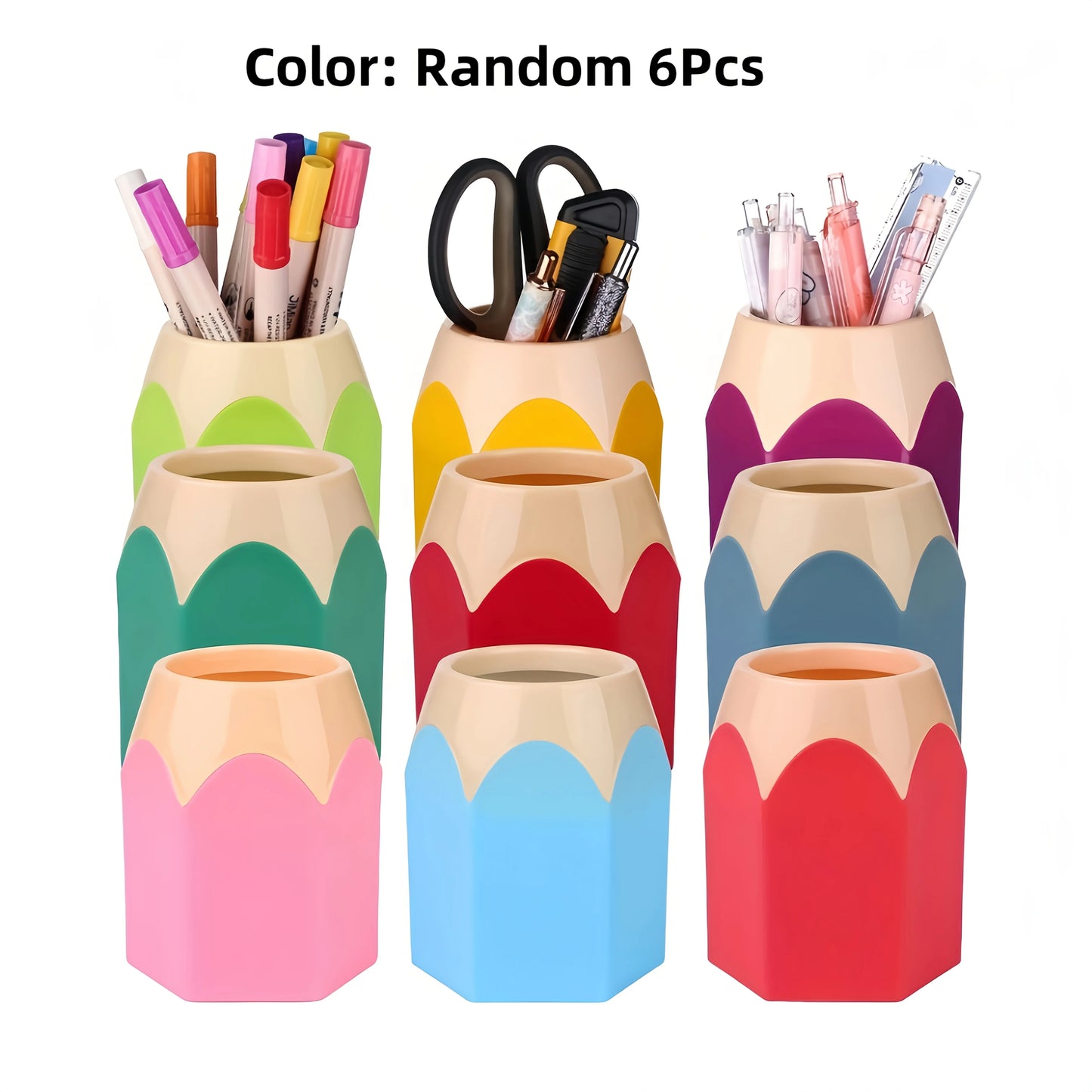 Tejesa 9/6pcs Cartoon Pencil-Shaped Desk Organizer Set | PE Plastic Pen Holder with Cup and Box, Office Colorful Stationery Storage
