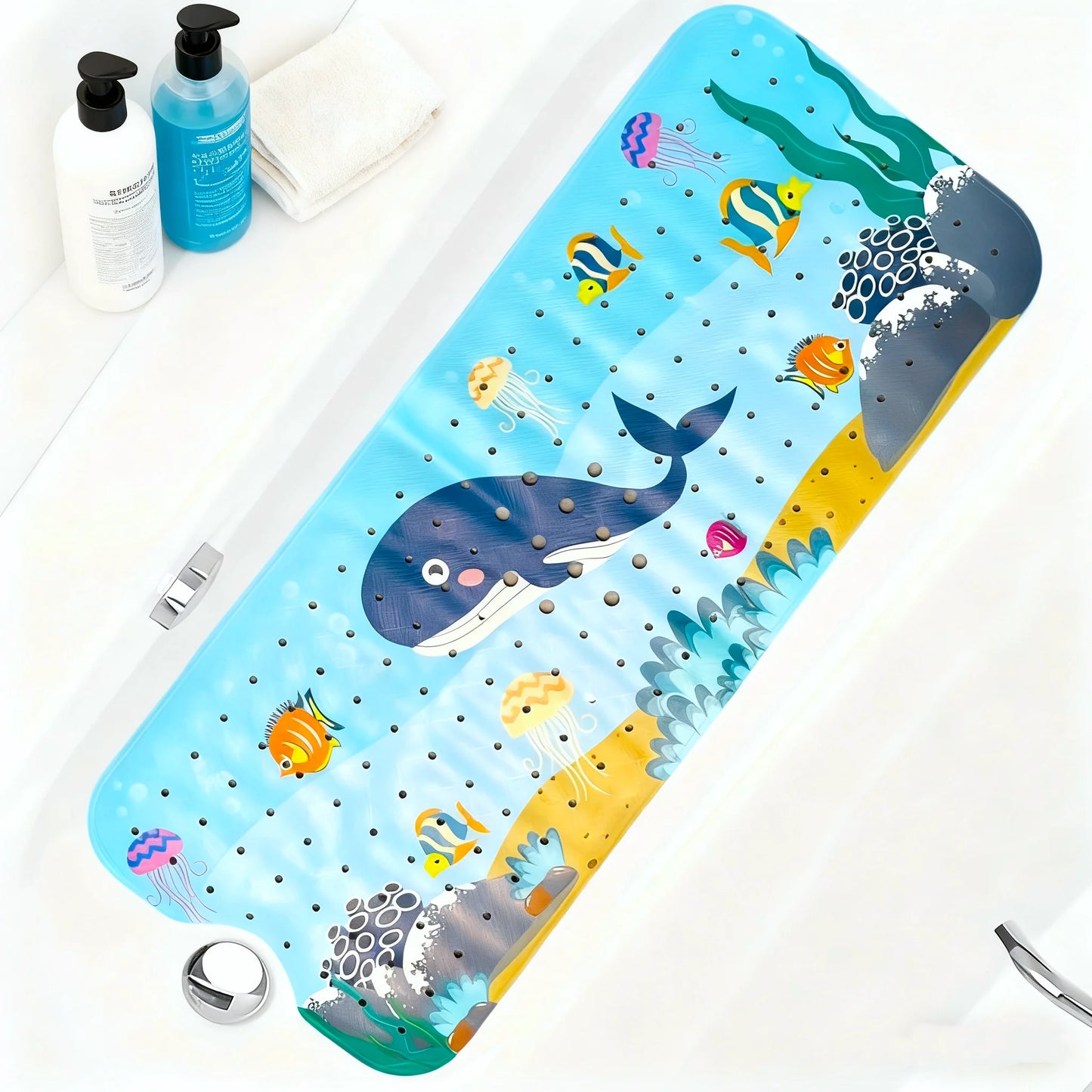Tejesa 1pc Cartoon Extra Long Bathtub Mat 40x100cm Non Slip Bath Mat for Bathroom Tubs Shower Mats with Suction Cups & Drain Holes