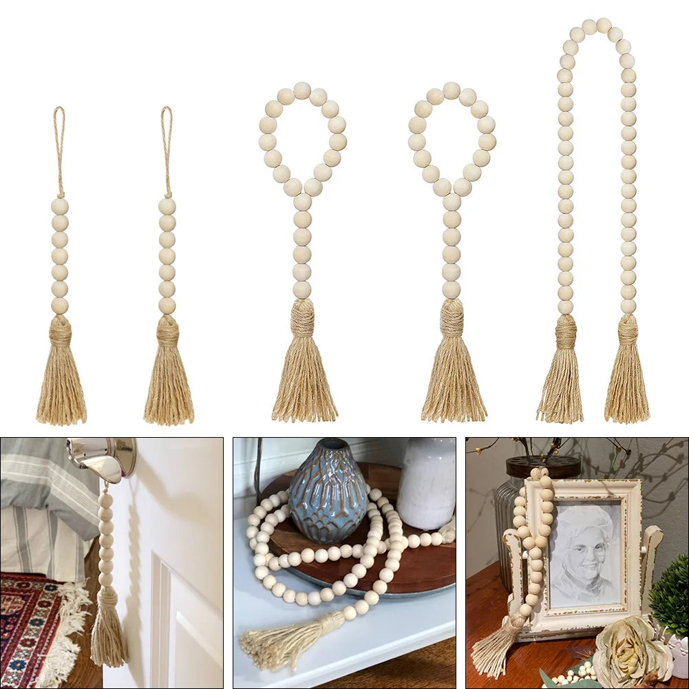 Wooden Handmade boho DIY Rattan Natural Wood Bead Garlands Macrame home decor Farmhouse Rustic Tassel Decoration Wall Hanging