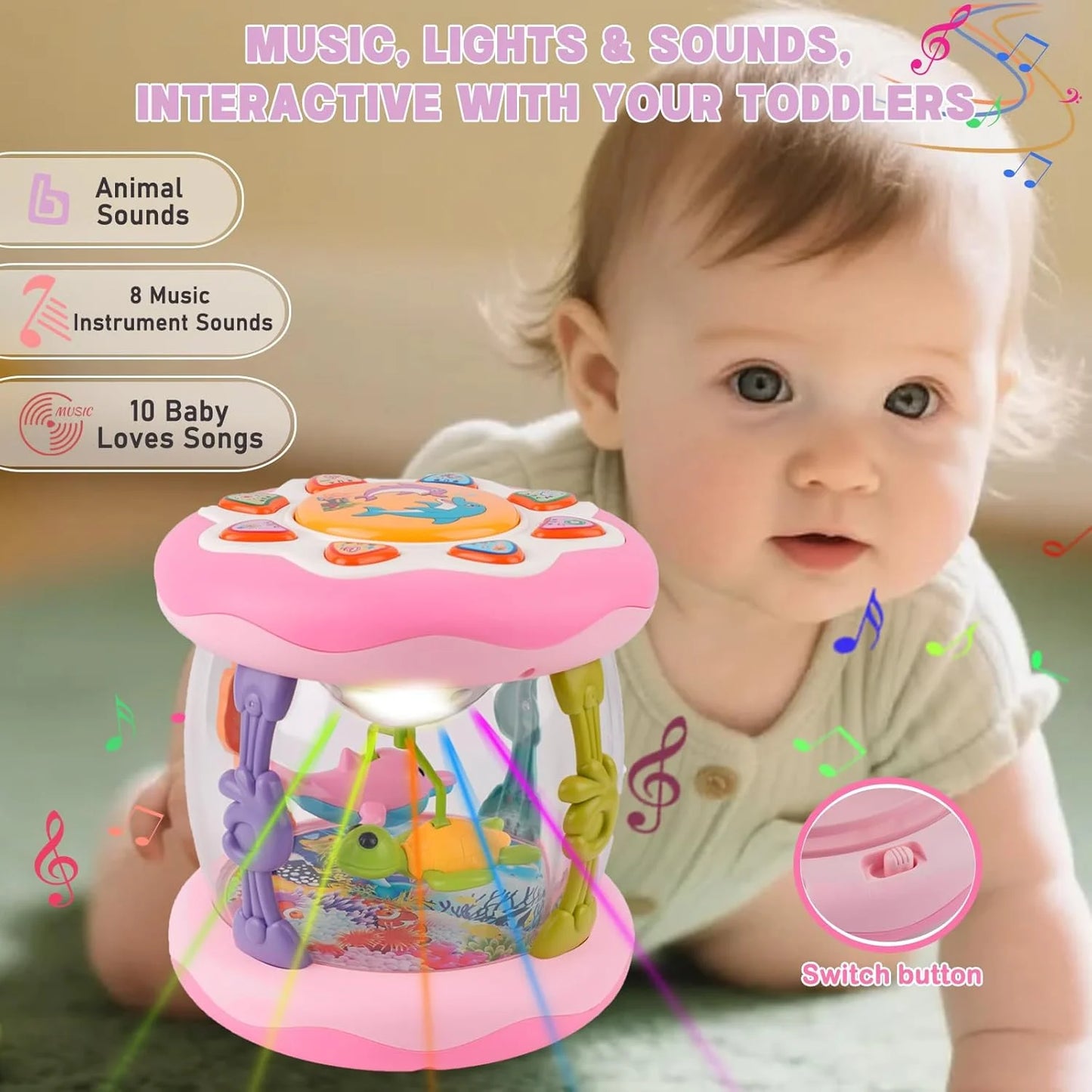 Interactive Music Light Roller 360° Rotating Lights Promote Baby Learn to Walk Grasping and Crawling Toy