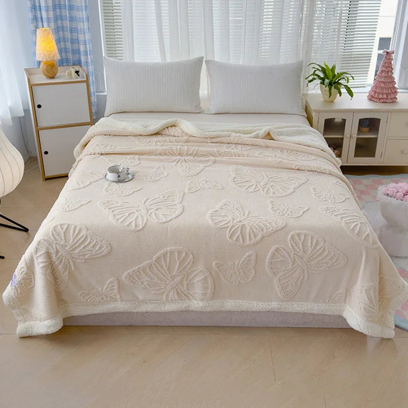 Butterfly Jacquard Taf Fleece Blanket with Exquisite 3D Butterfly Thick Warm Faux Lambswool Autumn Winter Blankets for Bed Sofa