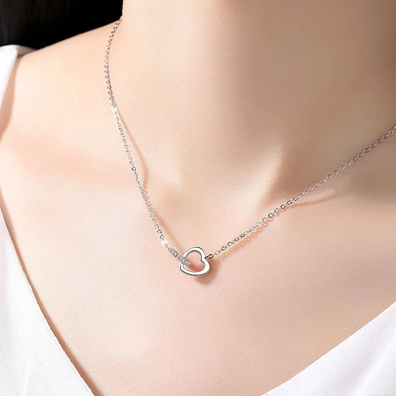 Hot Sale Fashion Double Love Heart Zircon Pendant Necklace 925 Sterling Silver Rose Gold Rhinestone Necklaces Women Jewelry Gift