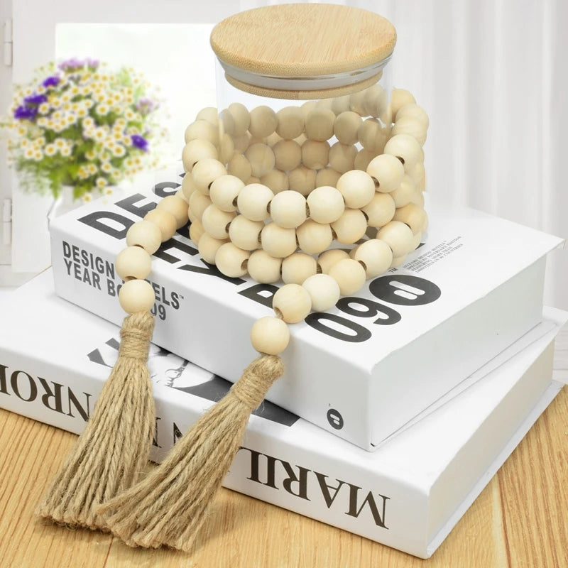 Wood Bead Garland with Tassels Rustic Decor Prayer Boho Beads Hanging Decor