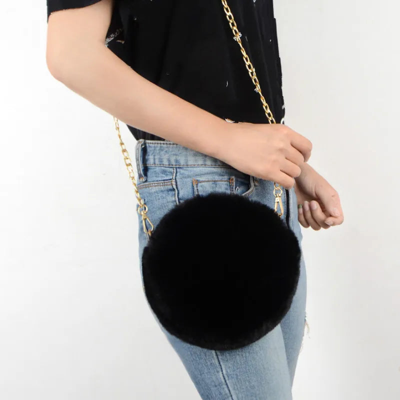 2023 Fashion Women's Round Shaped Handbags Cute Kawaii Faux Fur Crossbody Bags Wallet Purse Chain Shoulder Bag Lady Girl Handbag