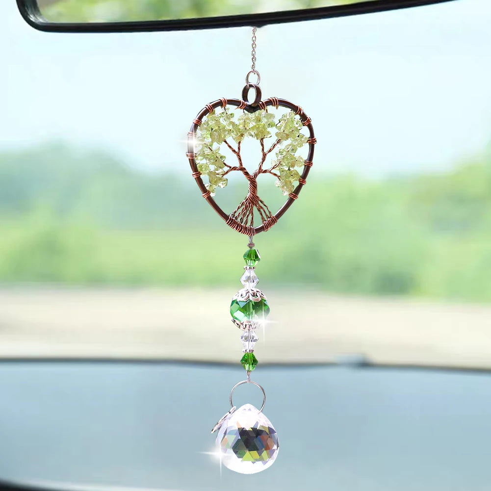 Natural Green Crystal Gemstone Quarz Love Heart Tree of Life Crystal Ball Prism Pendant Suncatcher Yoga Meditation Hanging Decor