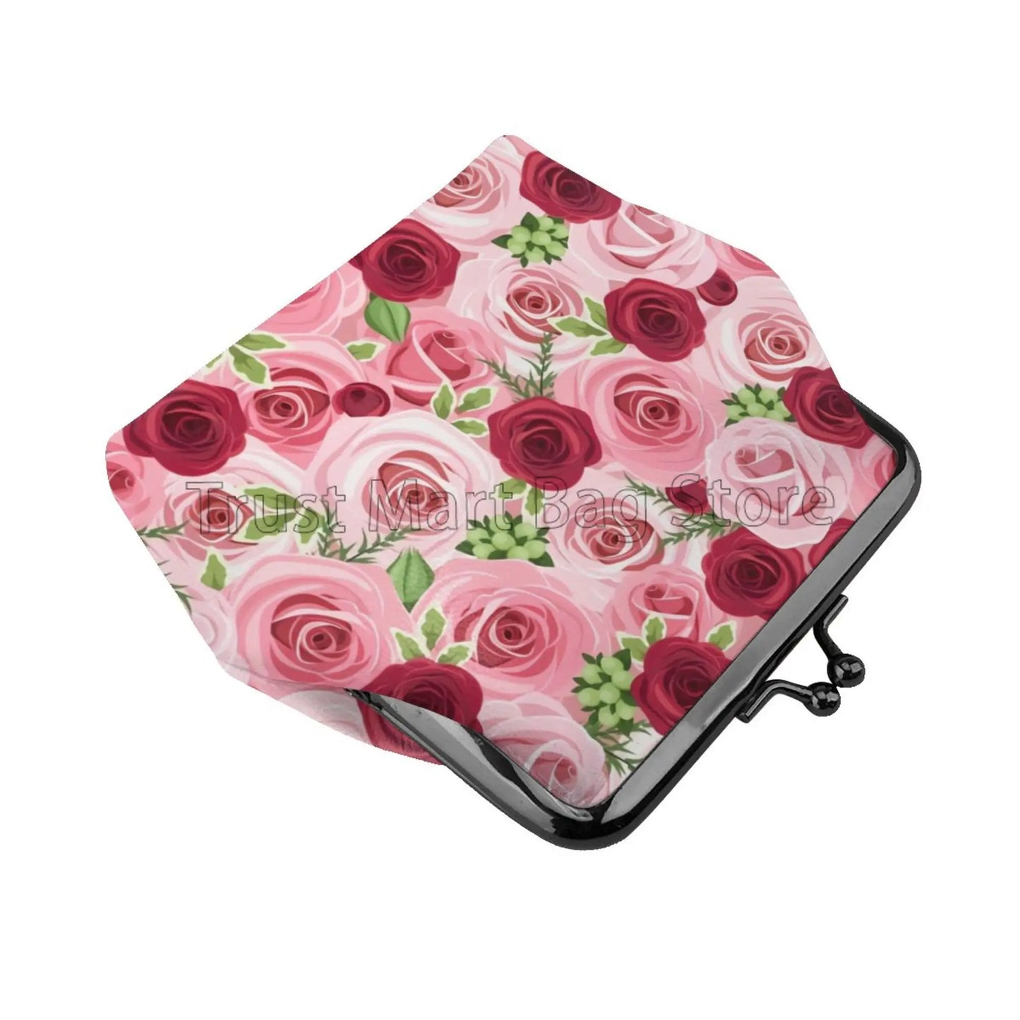 Hemasa Pink Red Rose Print Leather Coin Purse Small Kiss-Lock Change Pouch Clasp Closure Buckle Wallet for Women /Girls /Wife