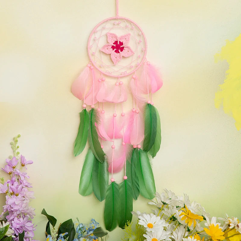 Tejesa Pink Flower Feathers Dream Catcher Window Hangings Ornaments Handmade Wind Chimes Home Decor For Girls Festival Gifts