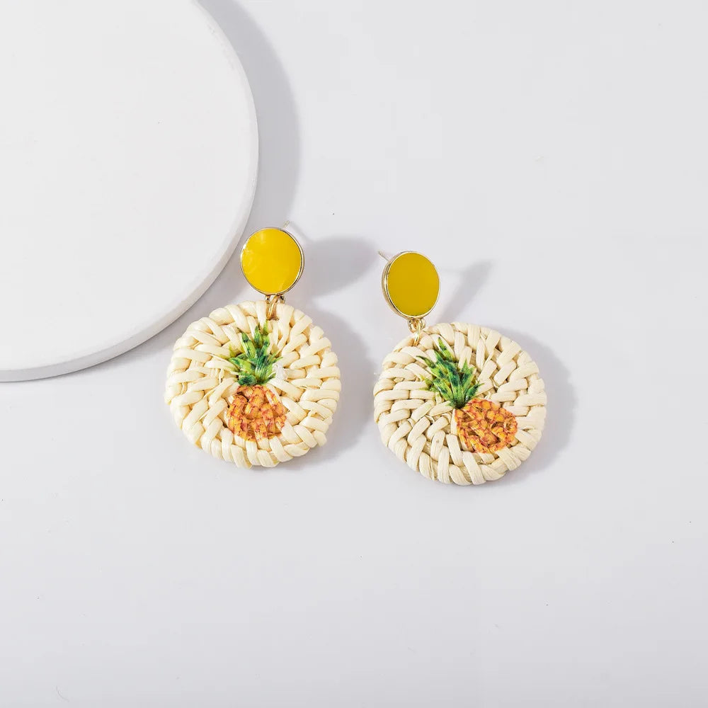 Lost Lady Handmade Straw Rattan Earrings For Women Fashion Pineapple Flamingo Print Earrings Fashion Jewelry Wholesale Outlet