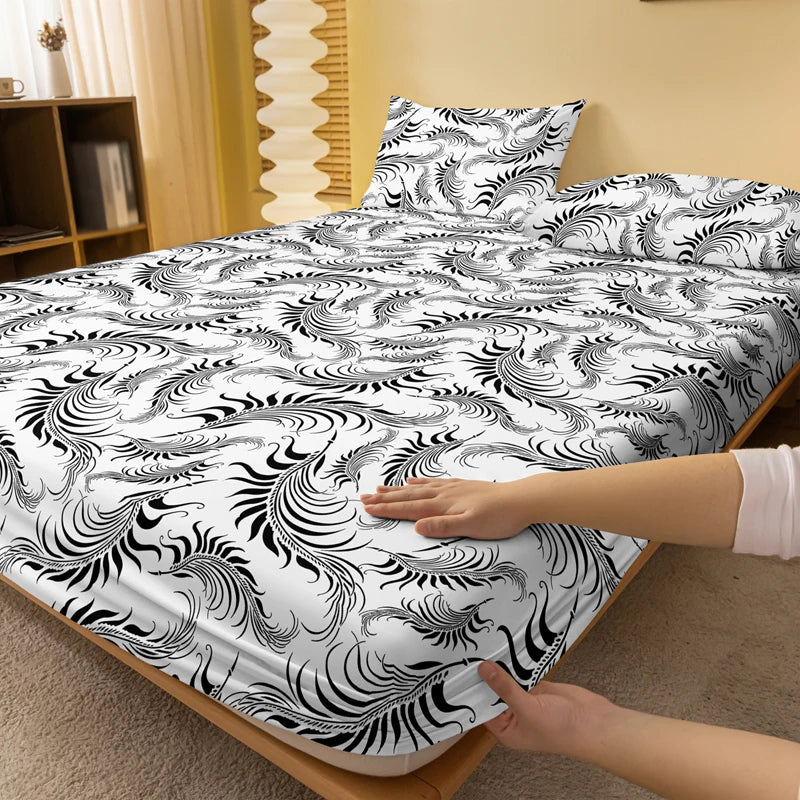 1 Simple modern Feather printed matte Fitted Sheet, bedroom printed bed cover, bedding (excluding pillowcases)