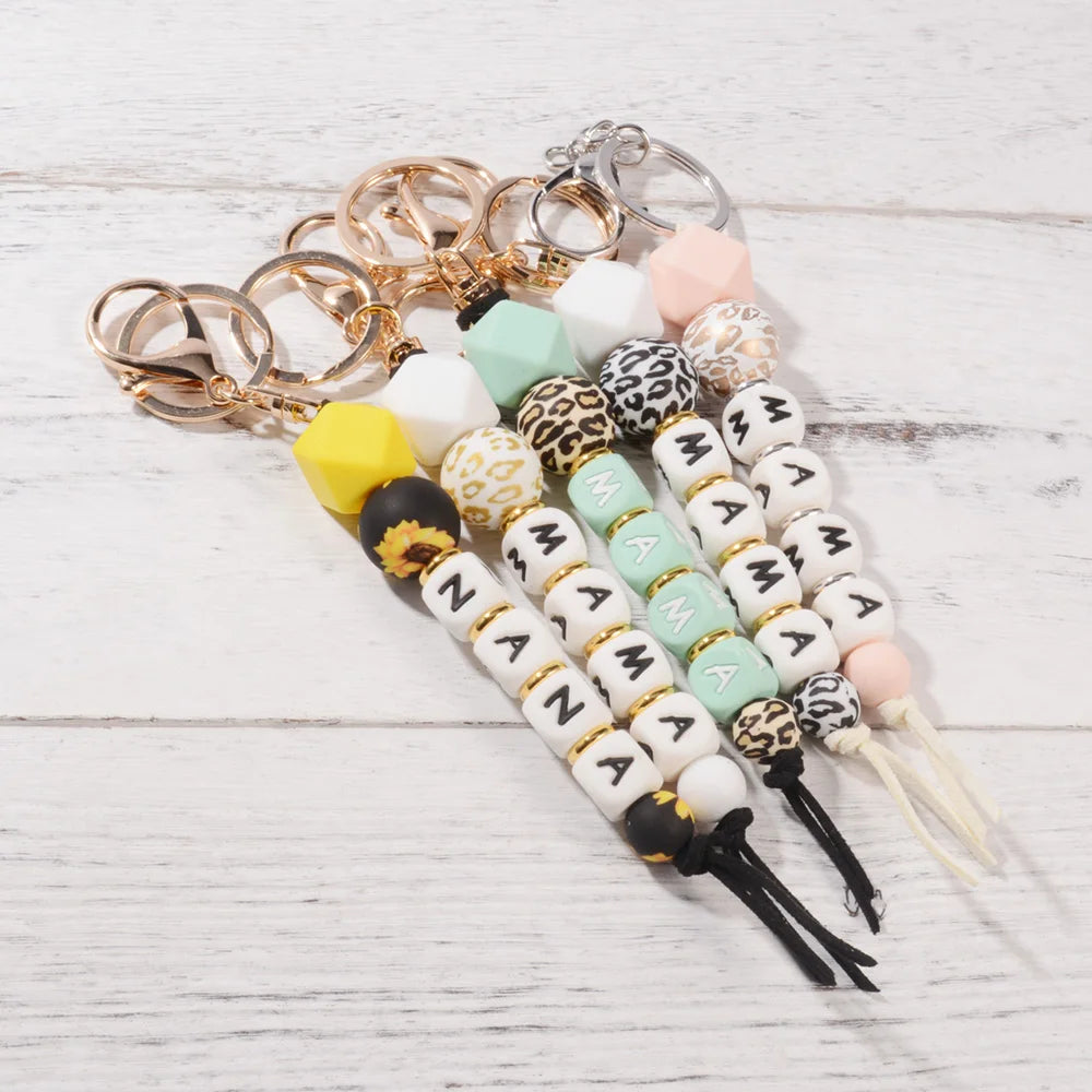 Hemasa  Leopard Print Silicone Beads Keychain Key Ring Sunflower Tassel Pendant Mom Charm Mother's Day Gifts Accessories