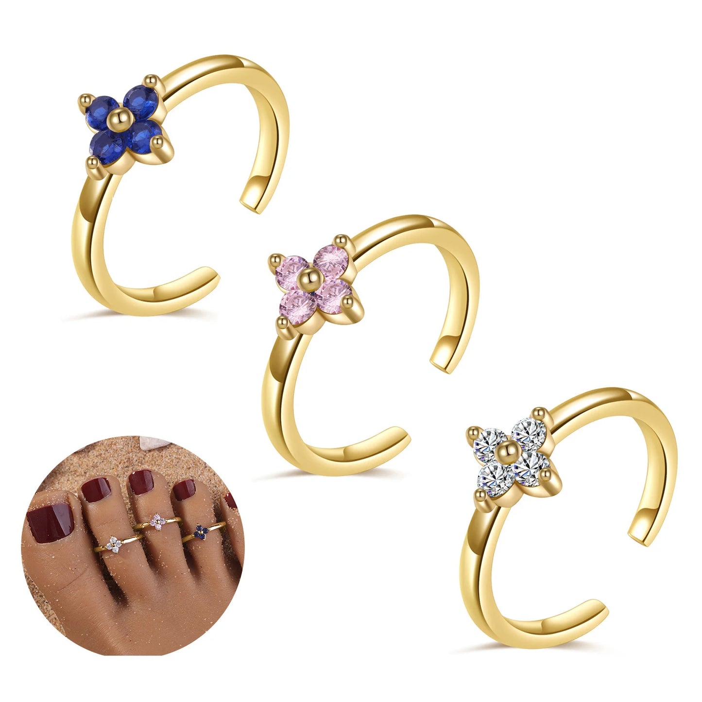 New Gold Plated Color Zircon Toe Ring High Quality Non Fading Jewelry Fashion Luxury Accessories Women's Summer Gift