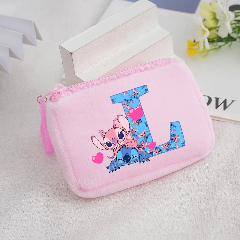 Disney Stitch Plush Coin Purse Cute Anime Cartoon A-Z Letter Stich Printed Wallet Kawaii Girls Earphone Storage Zipper Bag Gifts