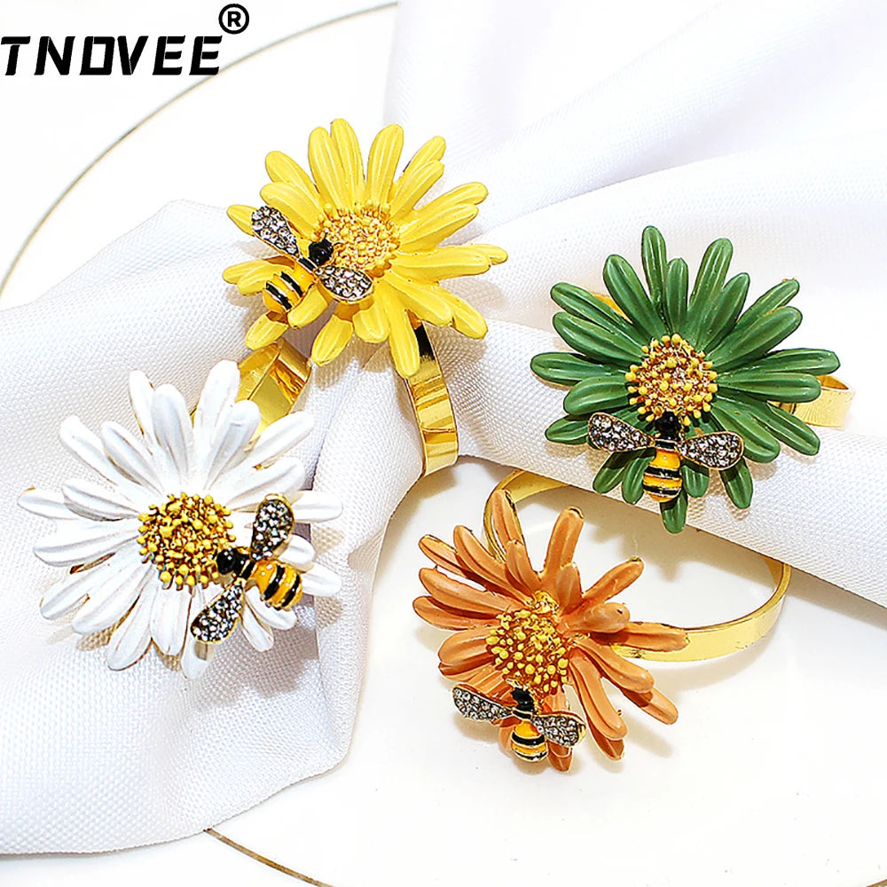 Hemasa 6Pcs New Flower Bee Napkin Rings Metal Daisy Flower Napkin Holder Gold Wedding Napkin Buckles for Party Home Table Decor ERD14