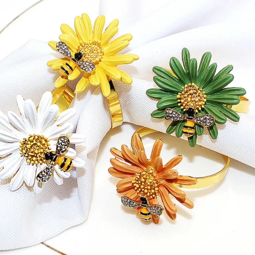 Hemasa 6Pcs Flower Bee Napkin Rings /Metal Daisy Flower Napkin Rings