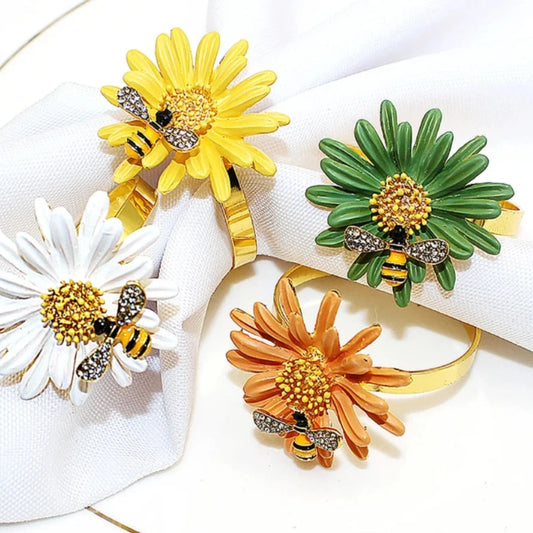 Hemasa 6Pcs Flower Bee Napkin Rings /Metal Daisy Flower Napkin Rings