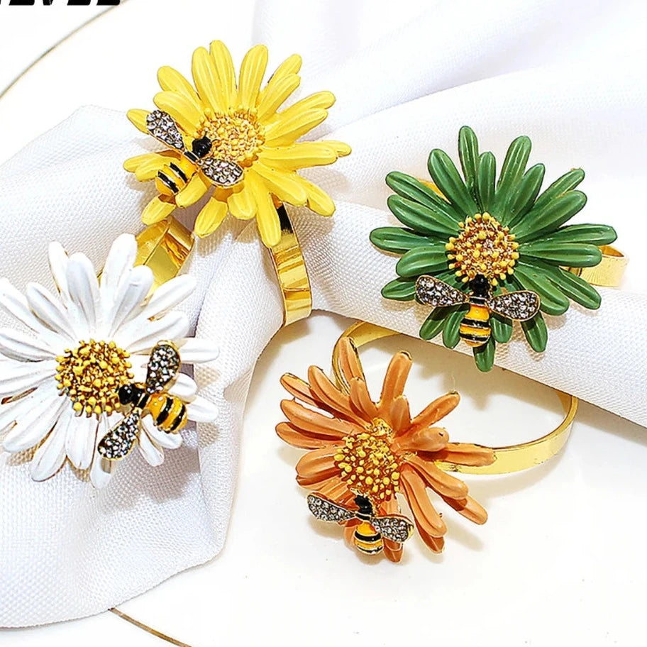 Hemasa 6Pcs Flower Bee Napkin Rings/ Metal Daisy Flower Napkin Rings