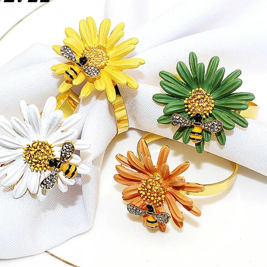 Hemasa 6Pcs Flower Bee Napkin Rings/ Metal Daisy Flower Napkin Rings