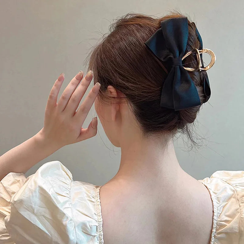 Hemasa Black Satin Bow Clip Women’s  Summer Headwear  Temperament Hair Clip Back of the Head Shark Clip