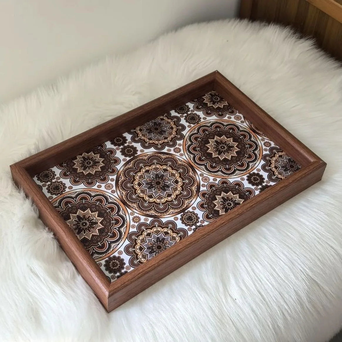 Tejesa Bohemian Style Wooden Leather Storage Tray for Living Room Desktop Jewelry Decorative Tray
