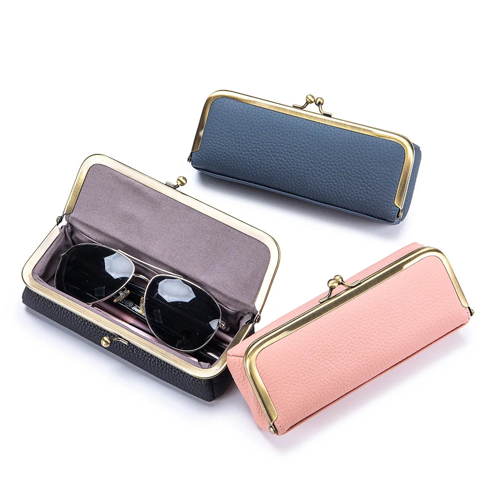 Tejesa Genuine Leather Glasses Case / Pencil Bag with Kiss Lock/ Coin Purse for Women /Travel Sunglasses