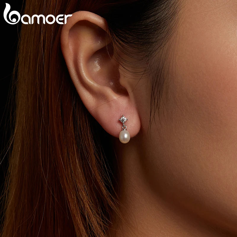 BAMOER White Gold Plated Moissanite Freshwater Pearl Earrings for Women, 925 Sterling Silver Elegant Stud Huggies Christmas Gift