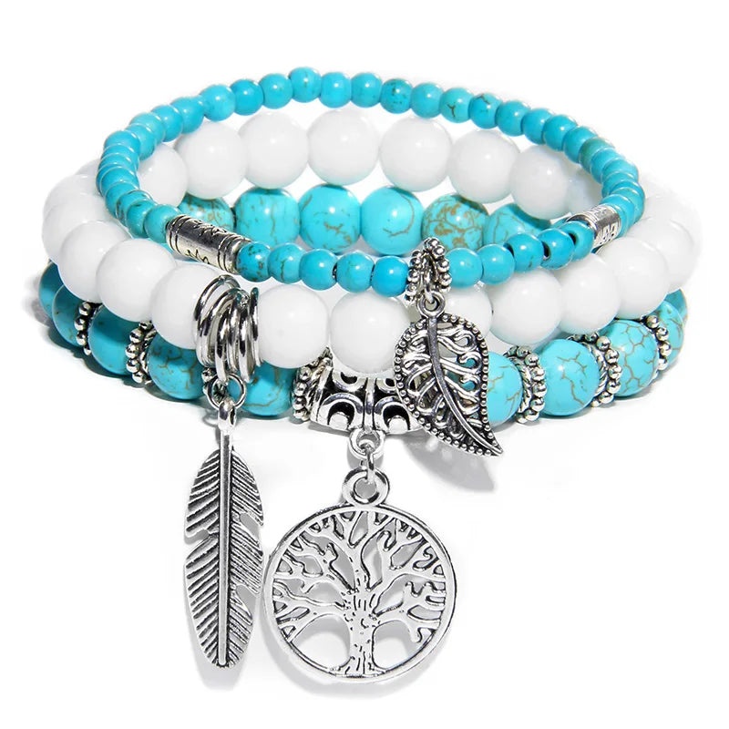 3Pcs Tree of Life Pendant Beads Bracelet Natural Stone Tiger Eye Turquoises Labradorite Bracelets for Women Men Couples Jewelry