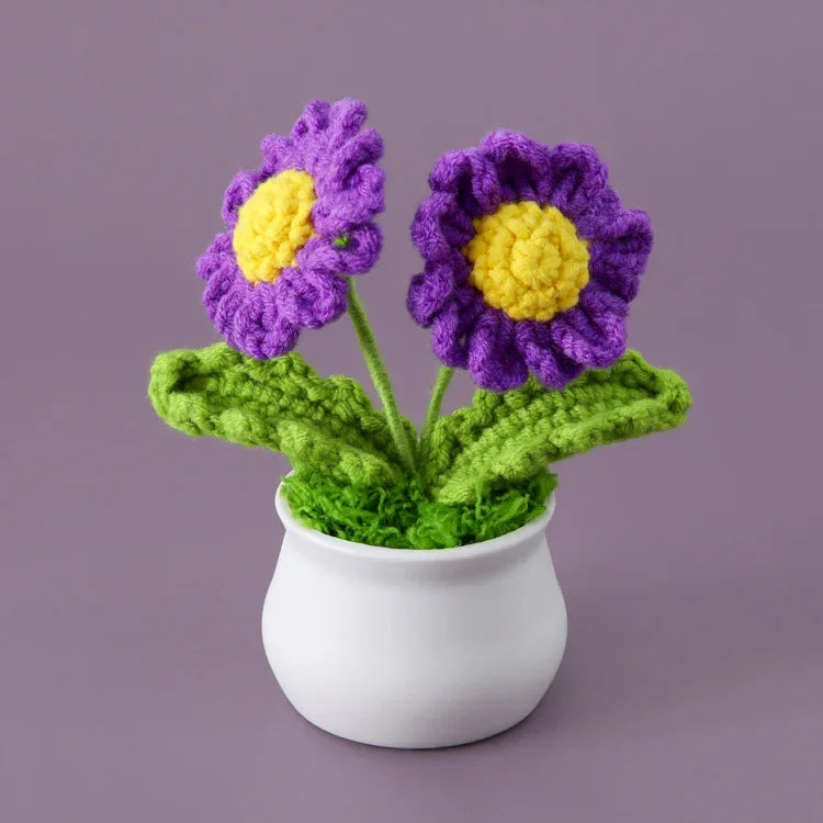 Hemasa Crochet Sunflowers Pot Creative Knitted Flowers Artificial Flower Hand Woven Finished Plant Car Desktop Decor Gift
