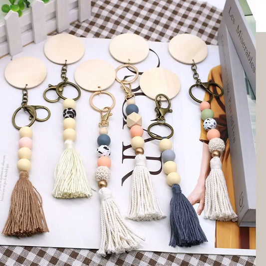 Silicone Beads Key Chain Decorative Pendant Tassel Key Ring Delicate Wooden Pendant Charms for Women Car Key Pendant