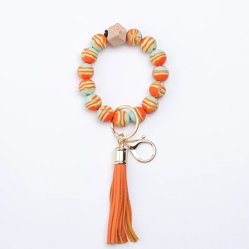 Hemasa  Silicone Bead Bracelet Tassel Keychain Colorful Stripes  Bead  Bag Key Pendant Gifts