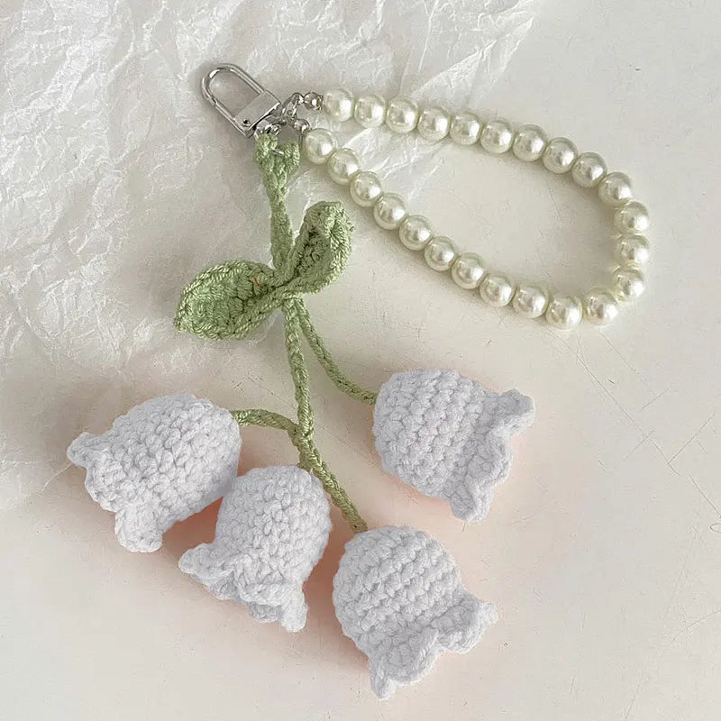 Hemasa 1pc Sweet Wool Crochet Lily Of The Valley Keychain Girls Pearl Chain Bag Pendant