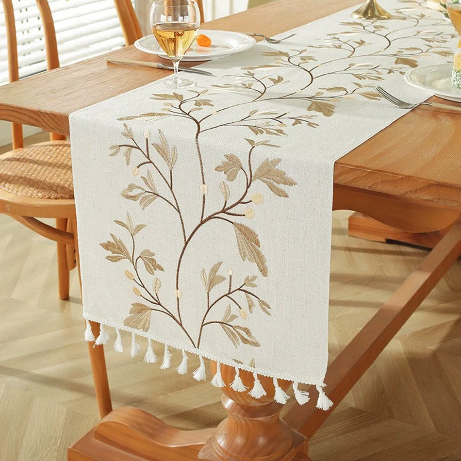 Tejesa Embroidery Tassel Table Runner,Cotton Linen Thicken Fabric ,Kitchen Dining Room coffee Table Restaurant Decor Supplies