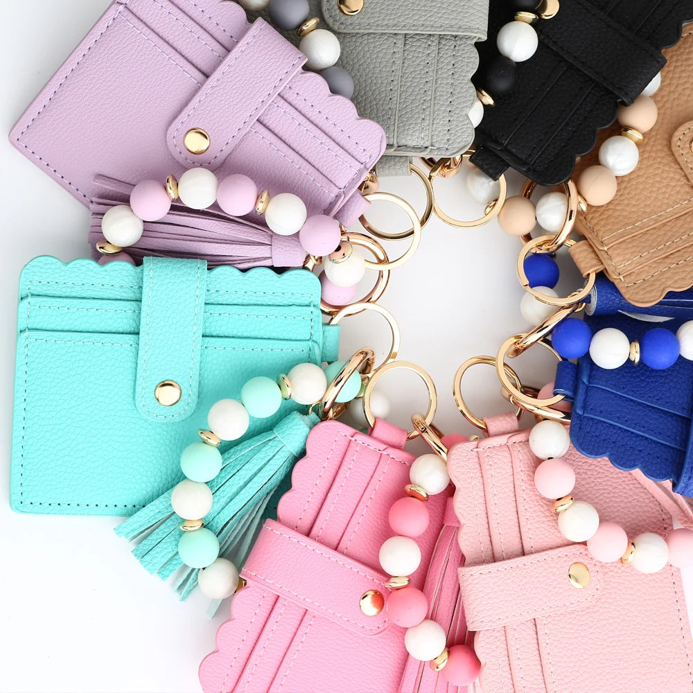 Hemasa Silicone Bead Bracelet  Leather Card Bag Wristlet Keychain Silicone Beaded Bracelet Leather Tassel Wallet Bangle