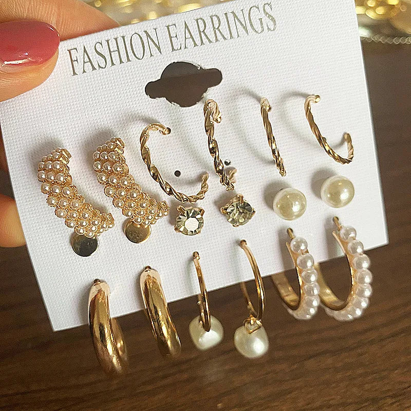 Hemasa  9Pairs/Set Bohemia Geometric Hoop Earring Set Vintage Boho Chain Pearl Earrings Women Star Heart Zircon Ear Studs Jewelry