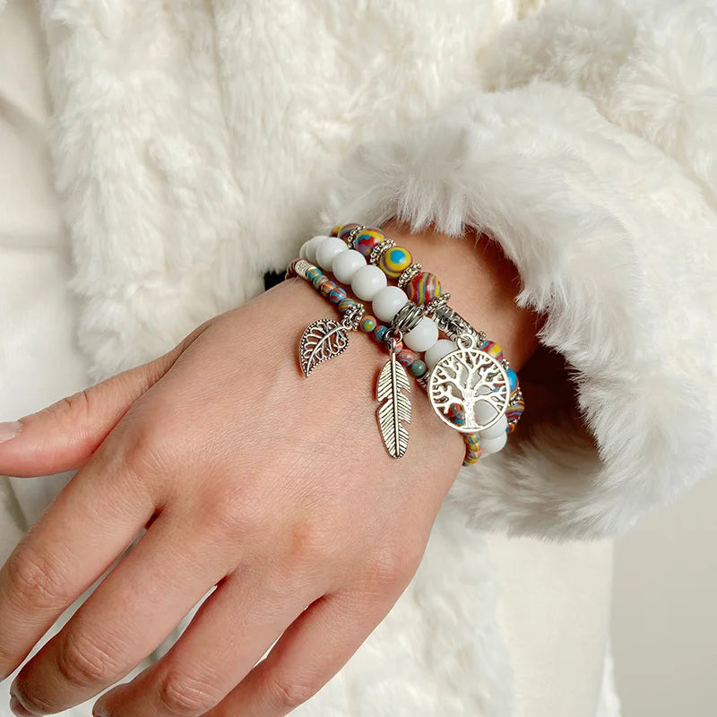 3Pcs Fashion Natural Stone Beads Bracelet 8mm Beads Tree of Life Pendant Bracelet Men Women Beaded Charm Bracelets Jewelry