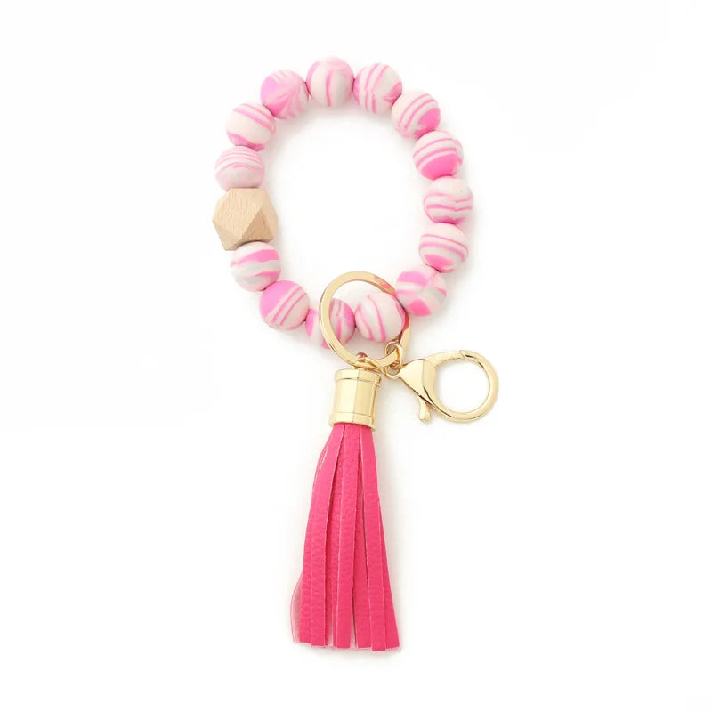 Silicone Keychain For Keys Tassel Wood Beads Bracelet Keyring For Women Accessories Multicolor Keychain Wholesale Hot Sale 2022