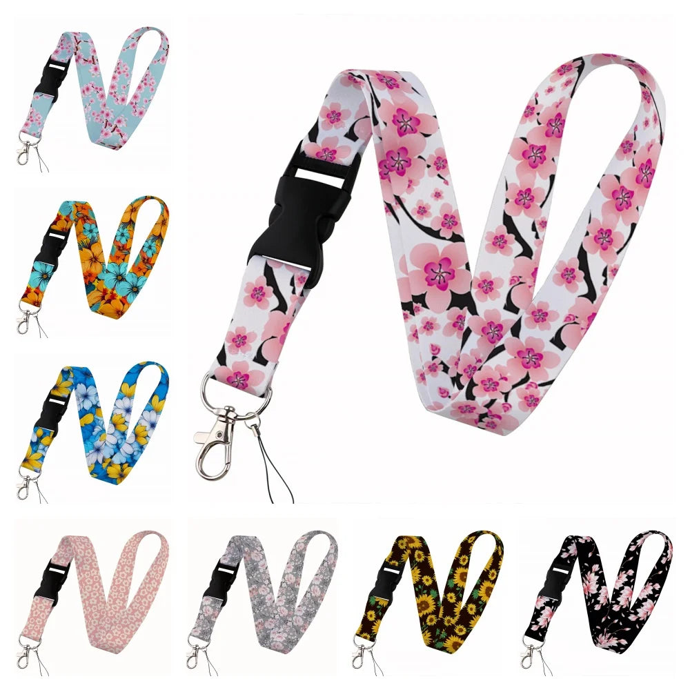 Tejesa Beautiful flower Lanyard Keys Chain Badge Holder ID Credit Card Pass Hang Rope Lariat Mobile Phone Charm Accessories Gifts