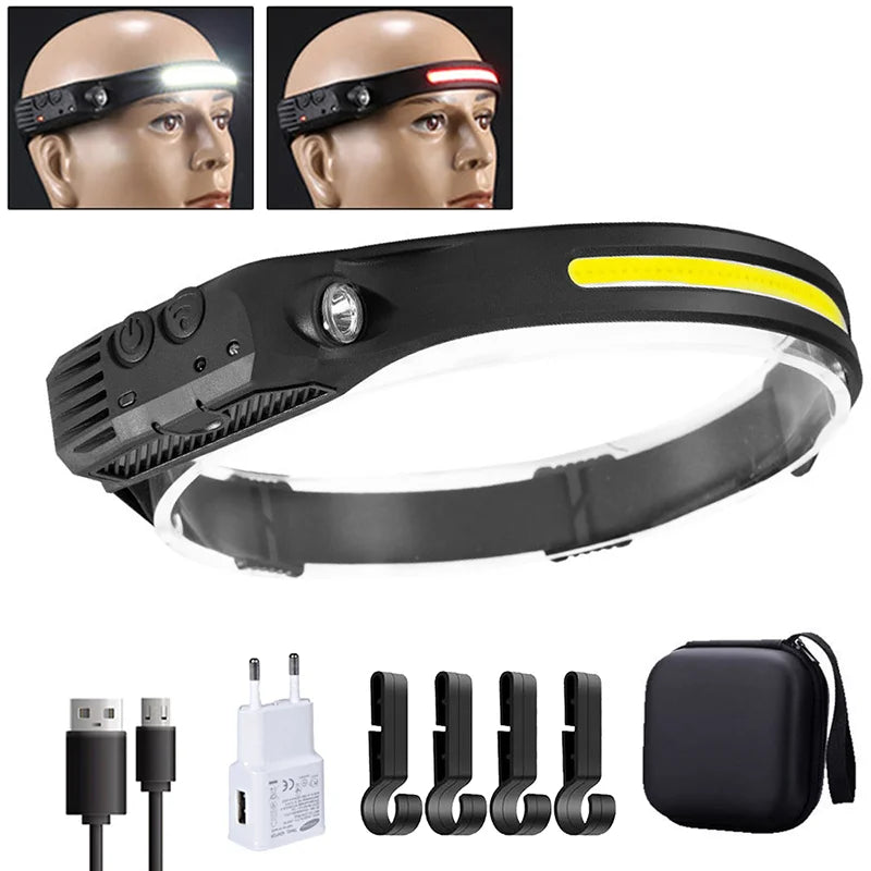 Hemasa COB LED Sensor Headlamp USB Rechargeable Light with Built in Battery Multiple Lighting Modes Lamp for Outdoor /Camping /Fishing