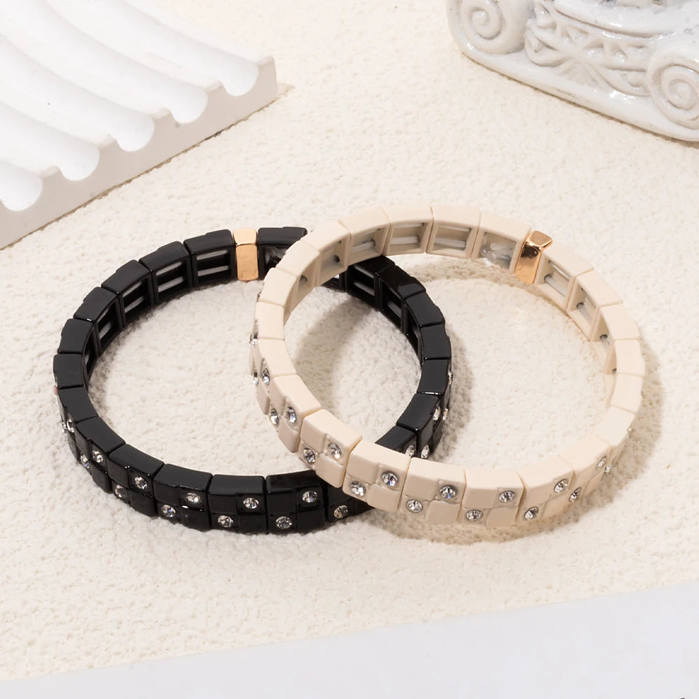 8x8mm Double Zirconia Charms Elastic Beaded Pure Color Bangle For Women