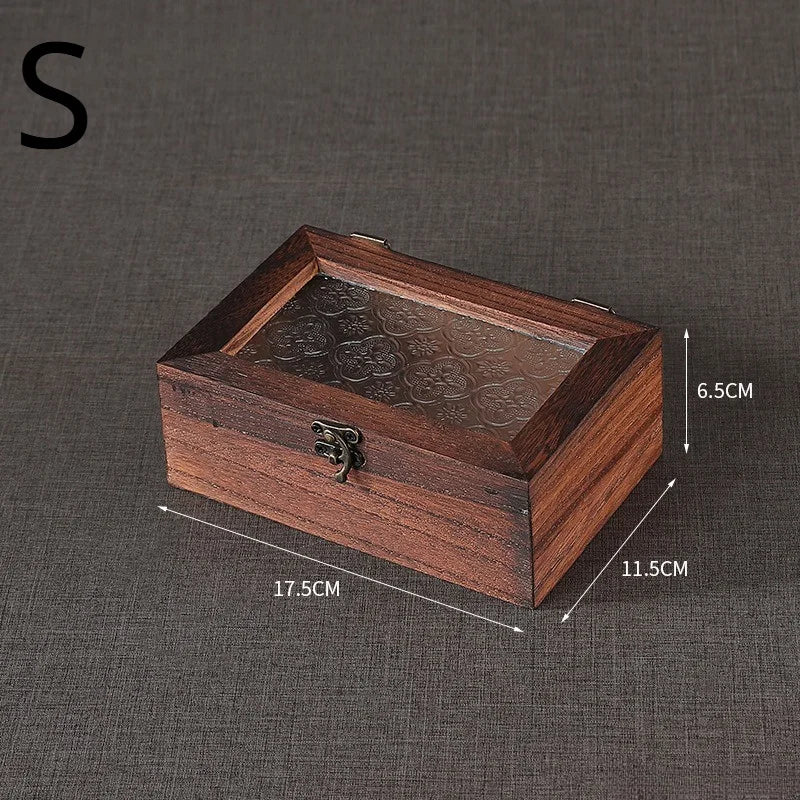 Retro Crabapple Flower Glass Covered Solid Wood Box for Home Miscellaneous Items Dried Fruit Certificates Dust-proof Storage Box