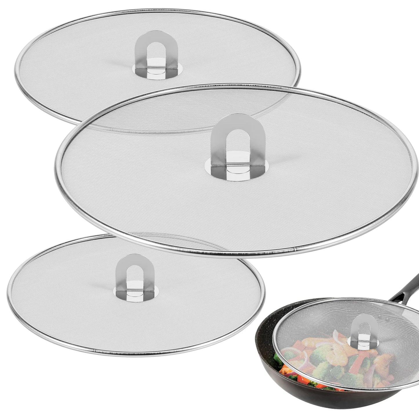 3pcs Splatter Guard Stainless Steel Grease Splatter Screen Oil Cap Pan Mesh for Kitchen Cooking Frying Guard Screen Splash Cover