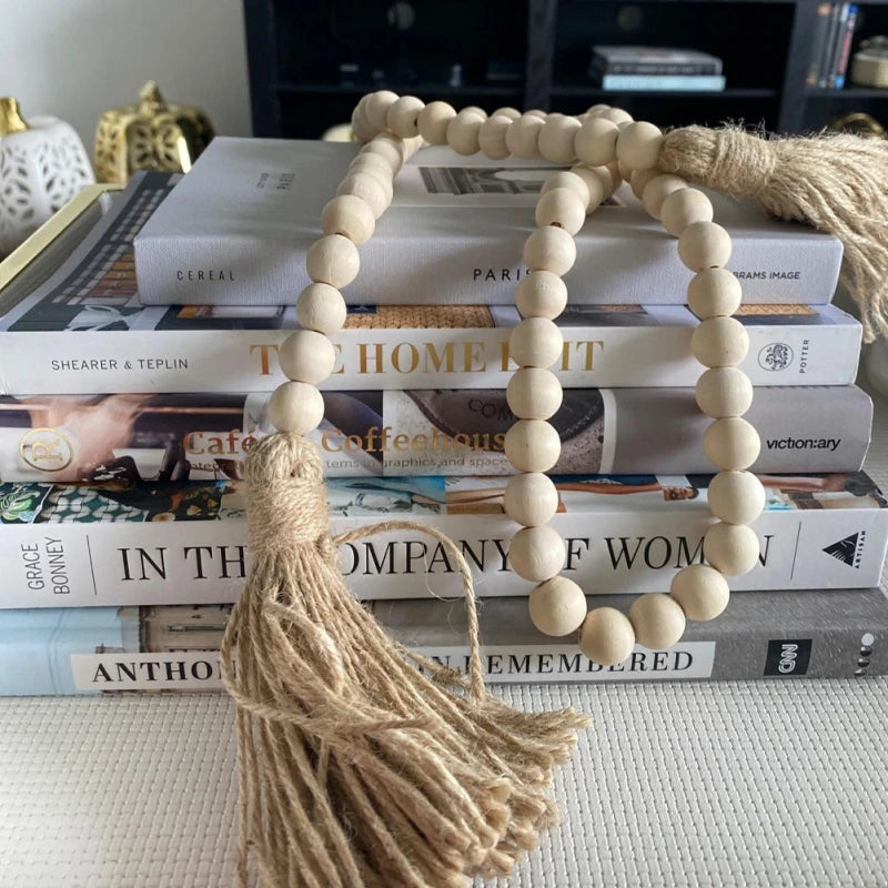 Wood Bead Garland with Tassels Rustic Decor Prayer Boho Beads Hanging Decor