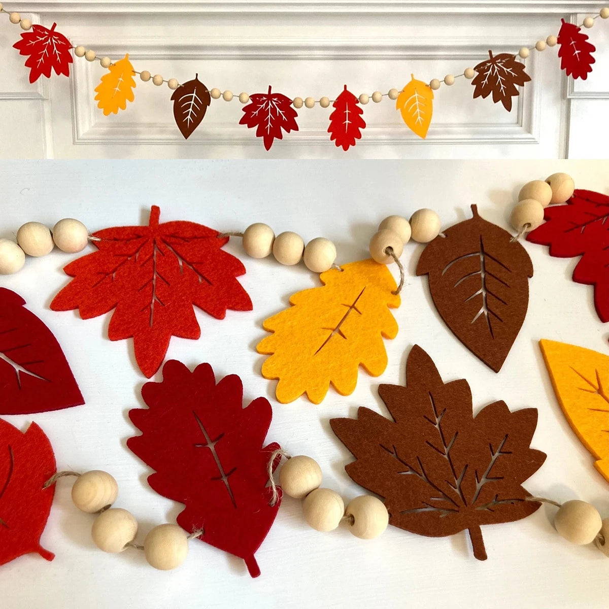 Autumn Leaf Garland Fall Maple Leaf Hanging Banner for Harvest Thanksgiving Seasonal Home Decoration Wood Bead Felt Decor Gift