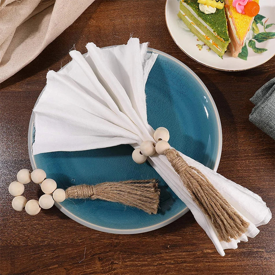 Hemasa 6 PCS Wooden Beads Napkin Rings /Handmade Jute Tassel Rope Holder For Family