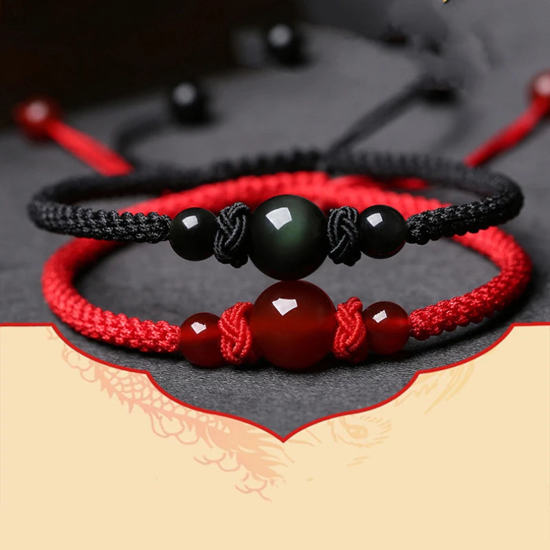 Tejesa Onyx And Obsidian Knits  Good Luck 1pc Knot Braided Natural Stone Bracelet For Men/Couple