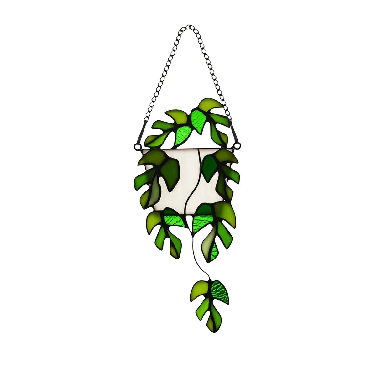 Artificial Plant Decor Handmade Green Fake Plant Stained Glass Window Hanging Light Catcher Decorative Gift For Plant Lover