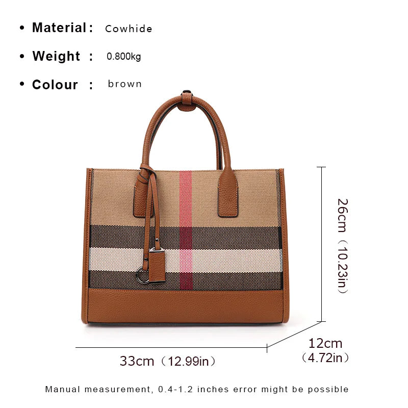 Hemasa Caramel Colour Canavas  Women's Handbag Classic  Large Capacity Cowhide Single Shoulder Crossbody Bag