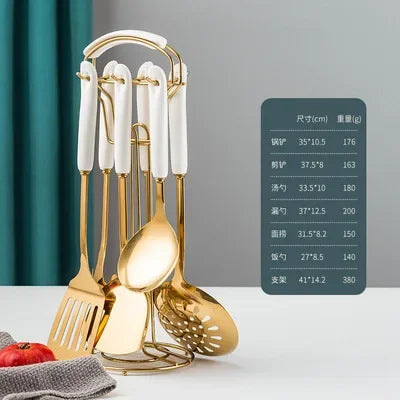 Hemasa 7pcs Stainless Steel Spatula Soup Spoon Kitchenware Set Cooking Spatula /Ceramic Handles