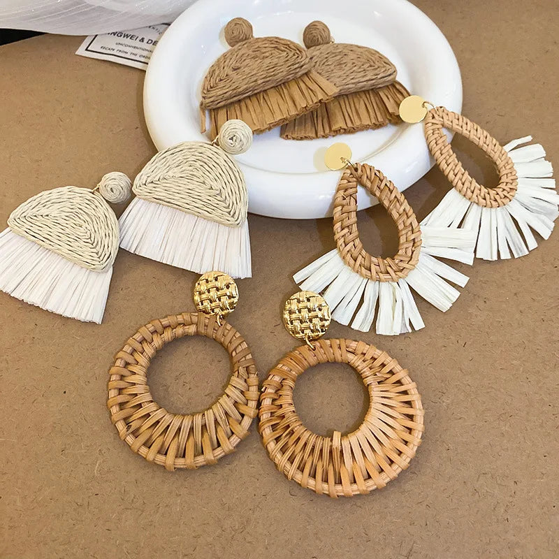 Hemasa Bohemian Straw Woven Water Drop Geometric Earrings for Women Fashion Vintage Holiday Jewelry