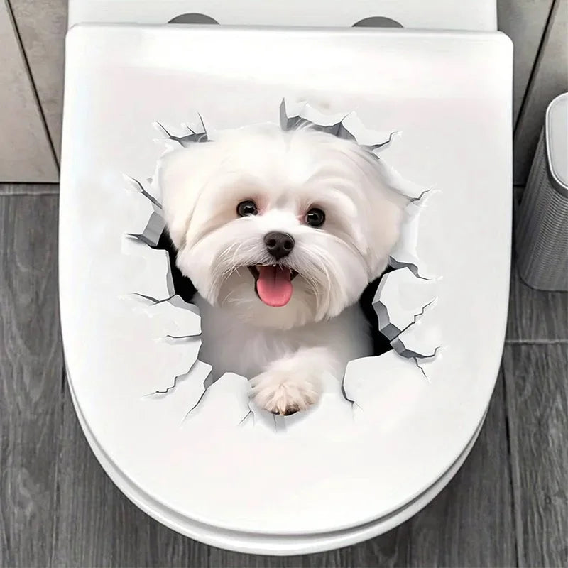 Hemasa 3D Cracked Animal Dog Toilet Sticker, Adorable Bathroom Decor, Wall Self-Adhesive Art, Bathroom Decor