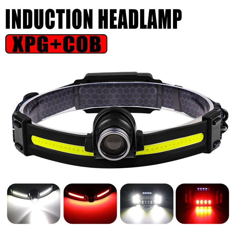 Super Bright XPG+COB Flood Sensing Headlight Type-C Charging Outdoor Zoom Fishing Hiking Lighting Headworn Flashlight
